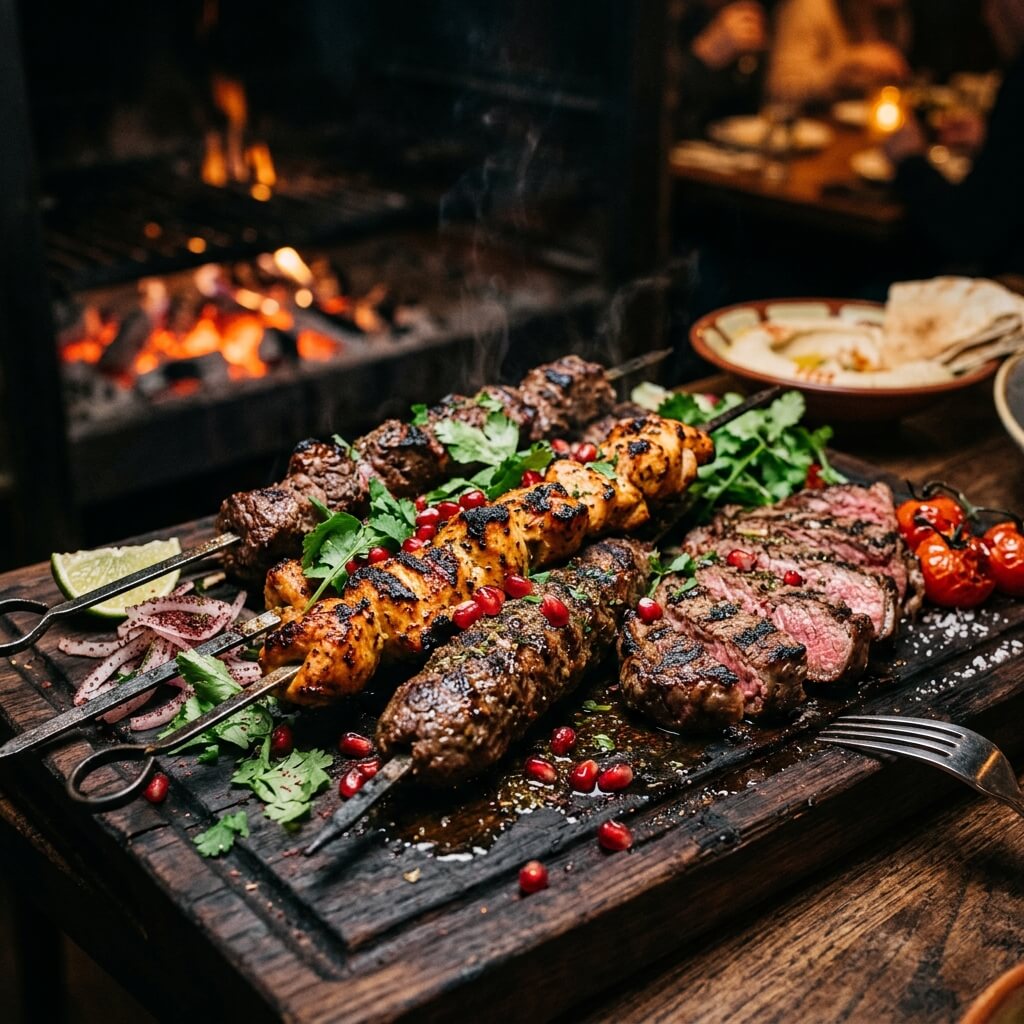 Assorted kosher grilled meats and kebabs on wooden board
